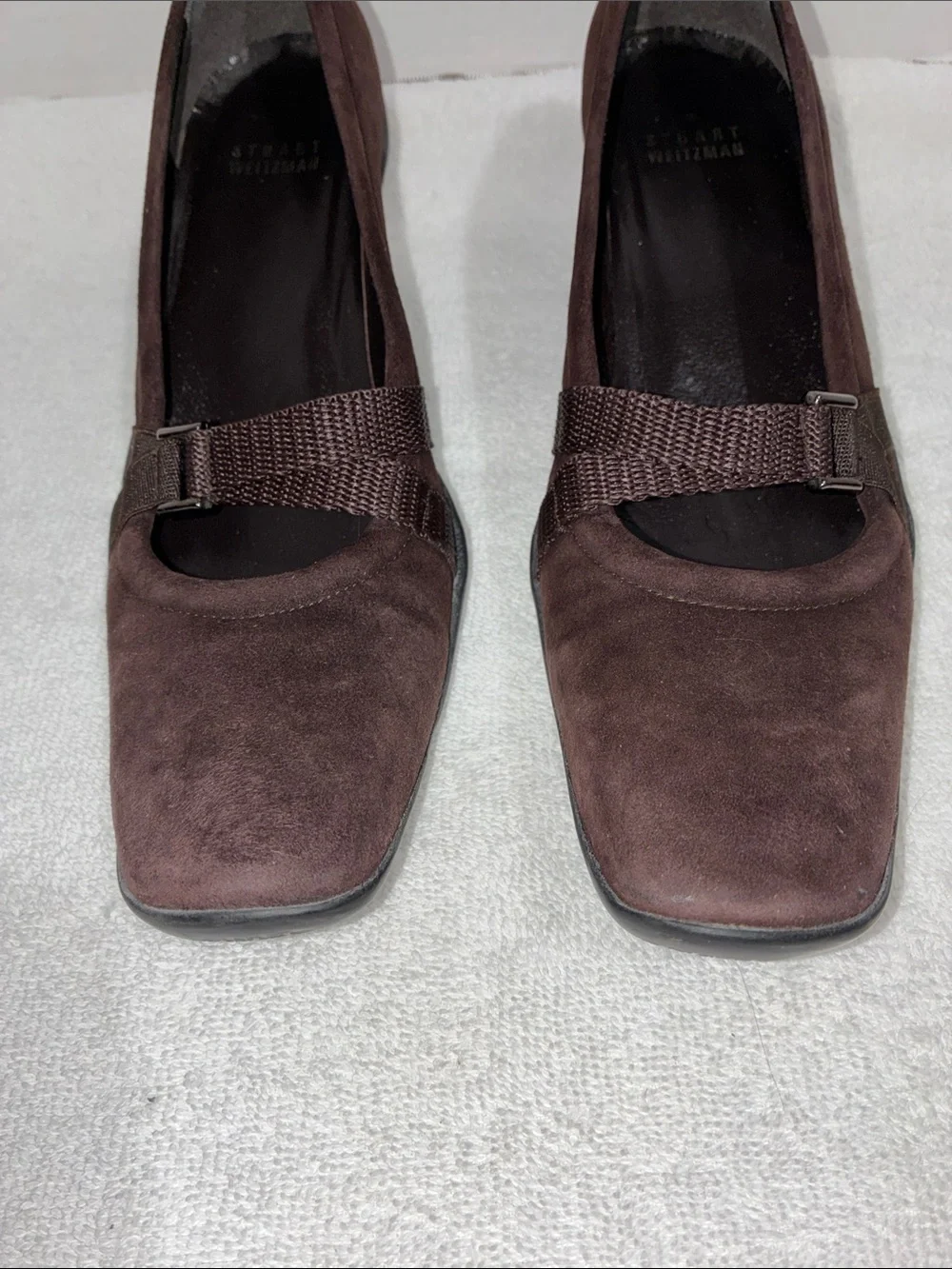 Stuart Weitzman Dark Brown Suede Mid Heel Pumps with Sling Accent